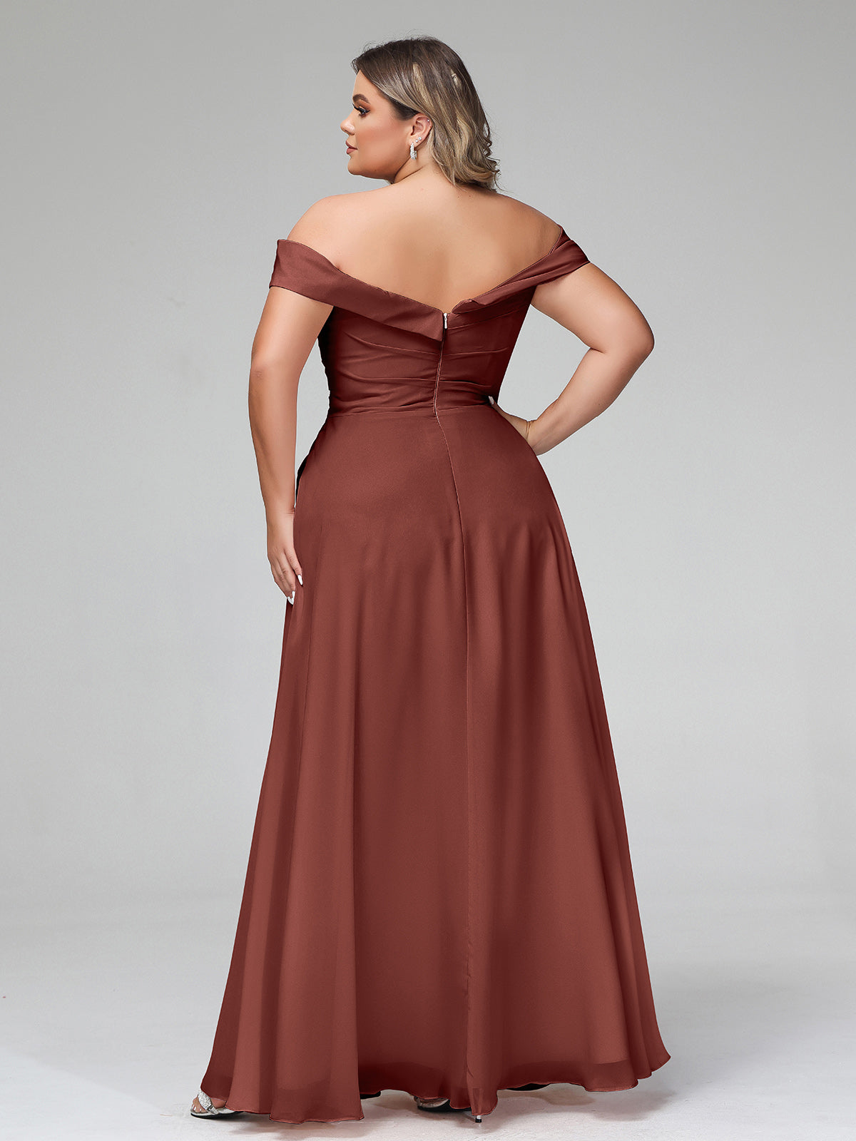 Vestido de falda circular con hombros descubiertos y bolsillos Terracota Tallas Grandes