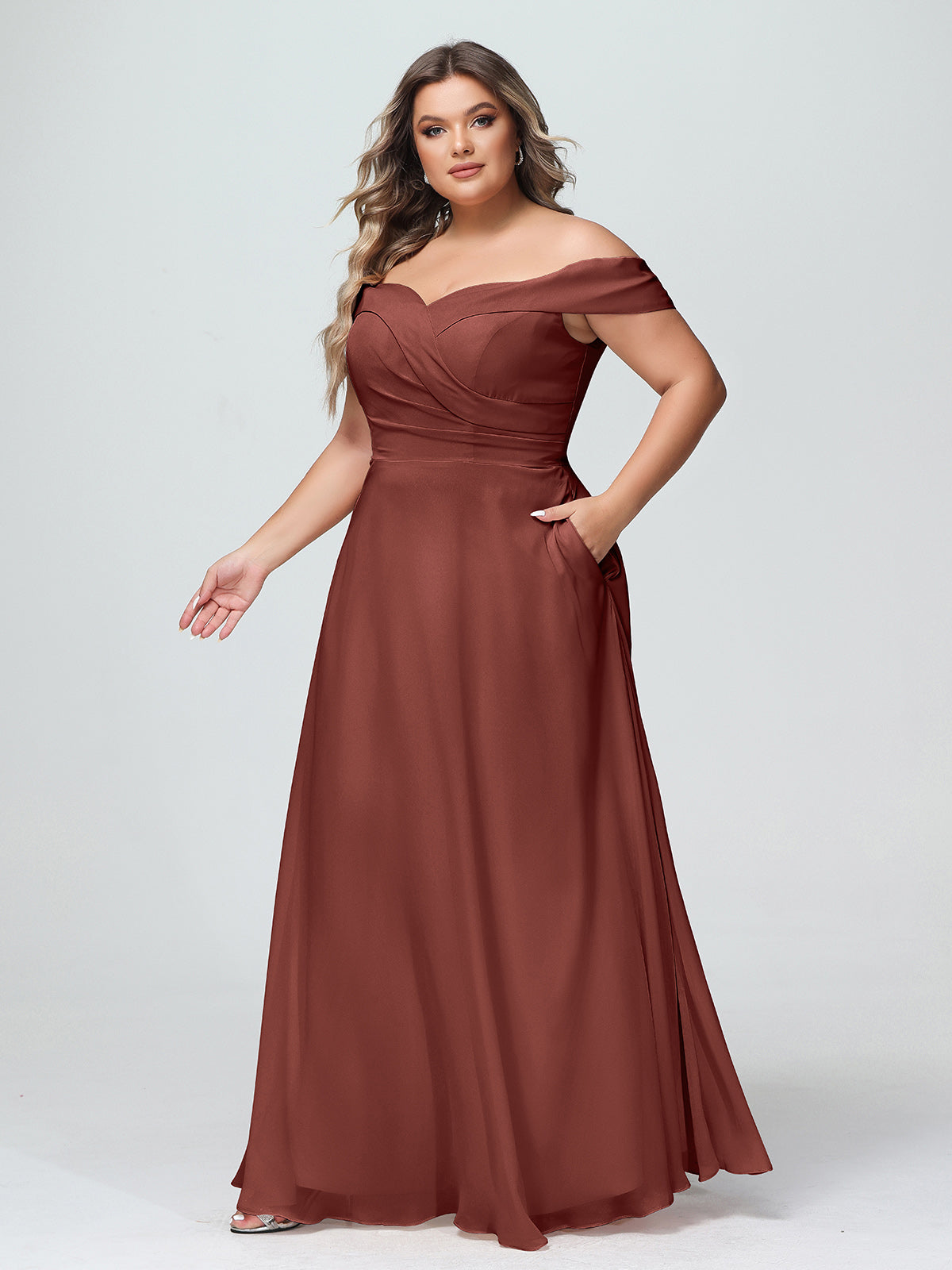 Vestido de falda circular con hombros descubiertos y bolsillos Terracota Tallas Grandes