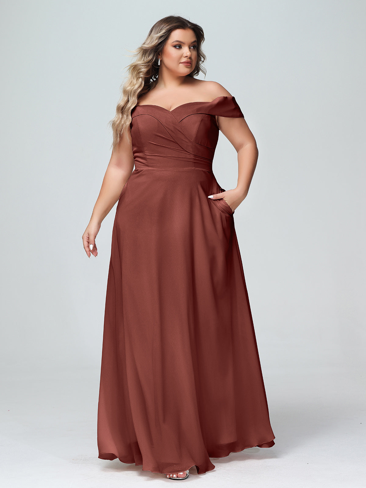 Vestido de falda circular con hombros descubiertos y bolsillos Terracota Tallas Grandes