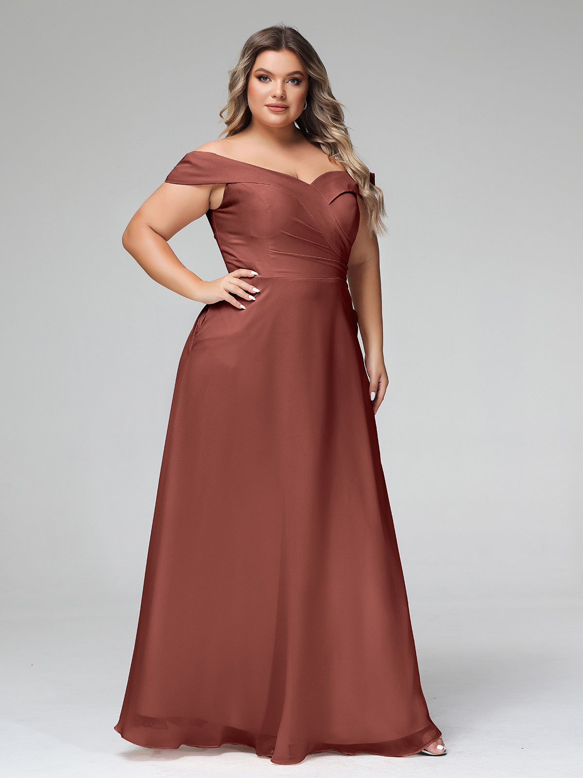 Vestido de falda circular con hombros descubiertos y bolsillos Terracota Tallas Grandes