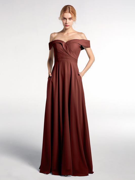 Vestido de falda circular con hombros descubiertos y bolsillos Terracota