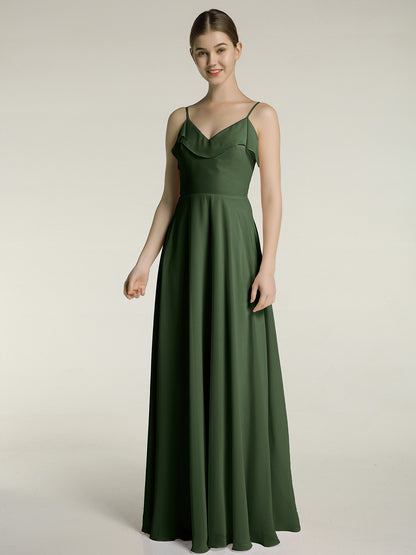 Vestidos de dama de honor de chiffon con tirantes finos Verde Oliva Tallas Grandes