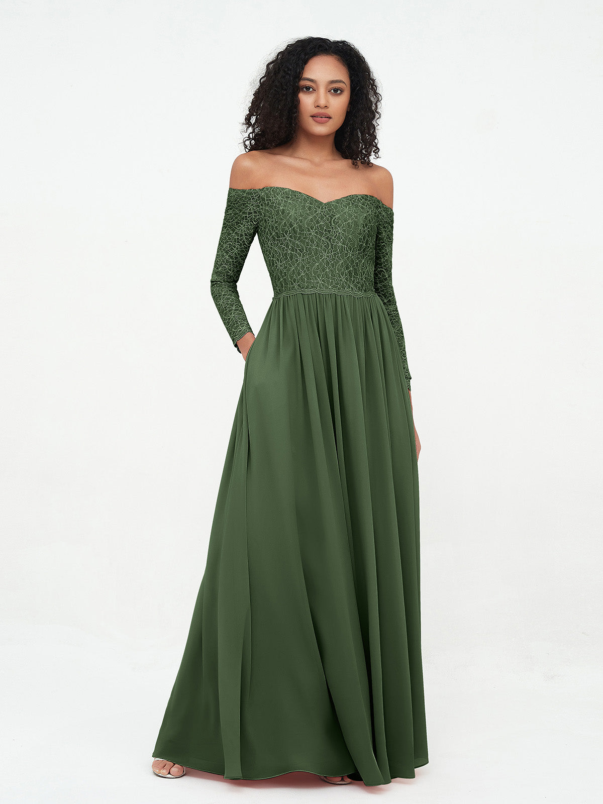 Vestidos largos de encaje con mangas largas y hombros descubiertos Verde Oliva Tallas Grandes