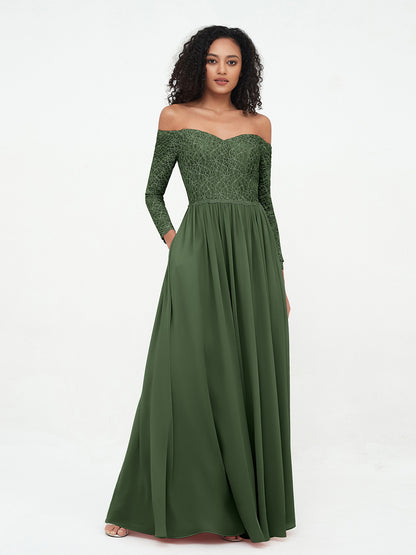 Vestidos largos de encaje con mangas largas y hombros descubiertos Verde Oliva Tallas Grandes
