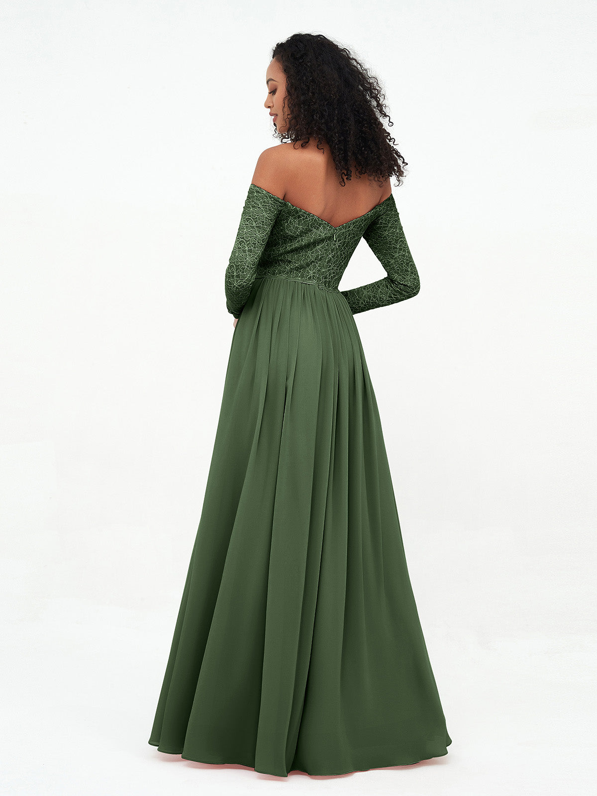 Vestidos largos de encaje con mangas largas y hombros descubiertos Verde Oliva Tallas Grandes