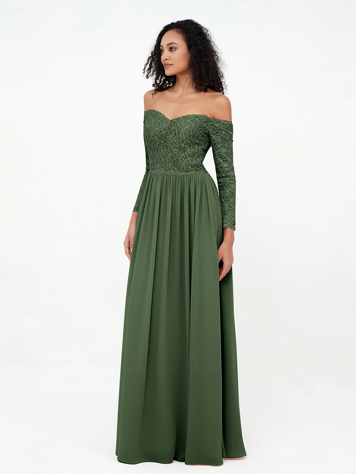 Vestidos largos de encaje con mangas largas y hombros descubiertos Verde Oliva Tallas Grandes