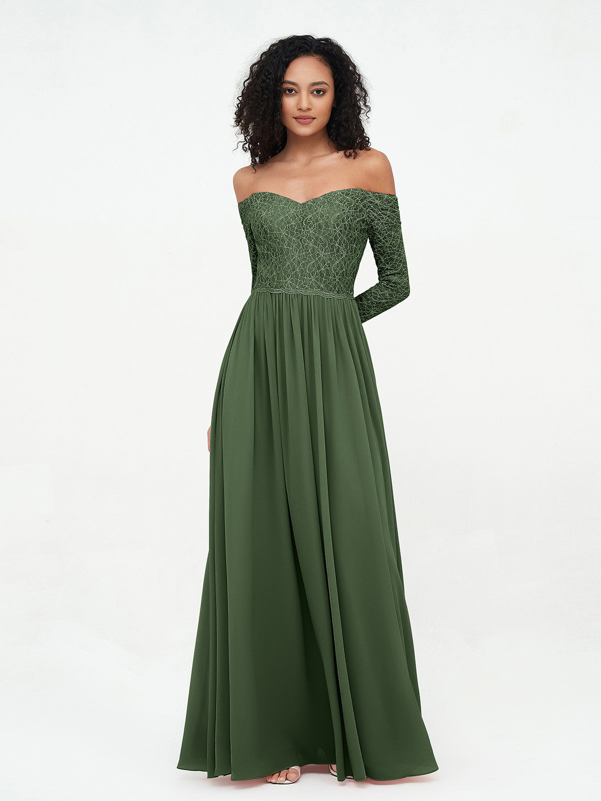 Vestidos largos de encaje con mangas largas y hombros descubiertos Verde Oliva Tallas Grandes