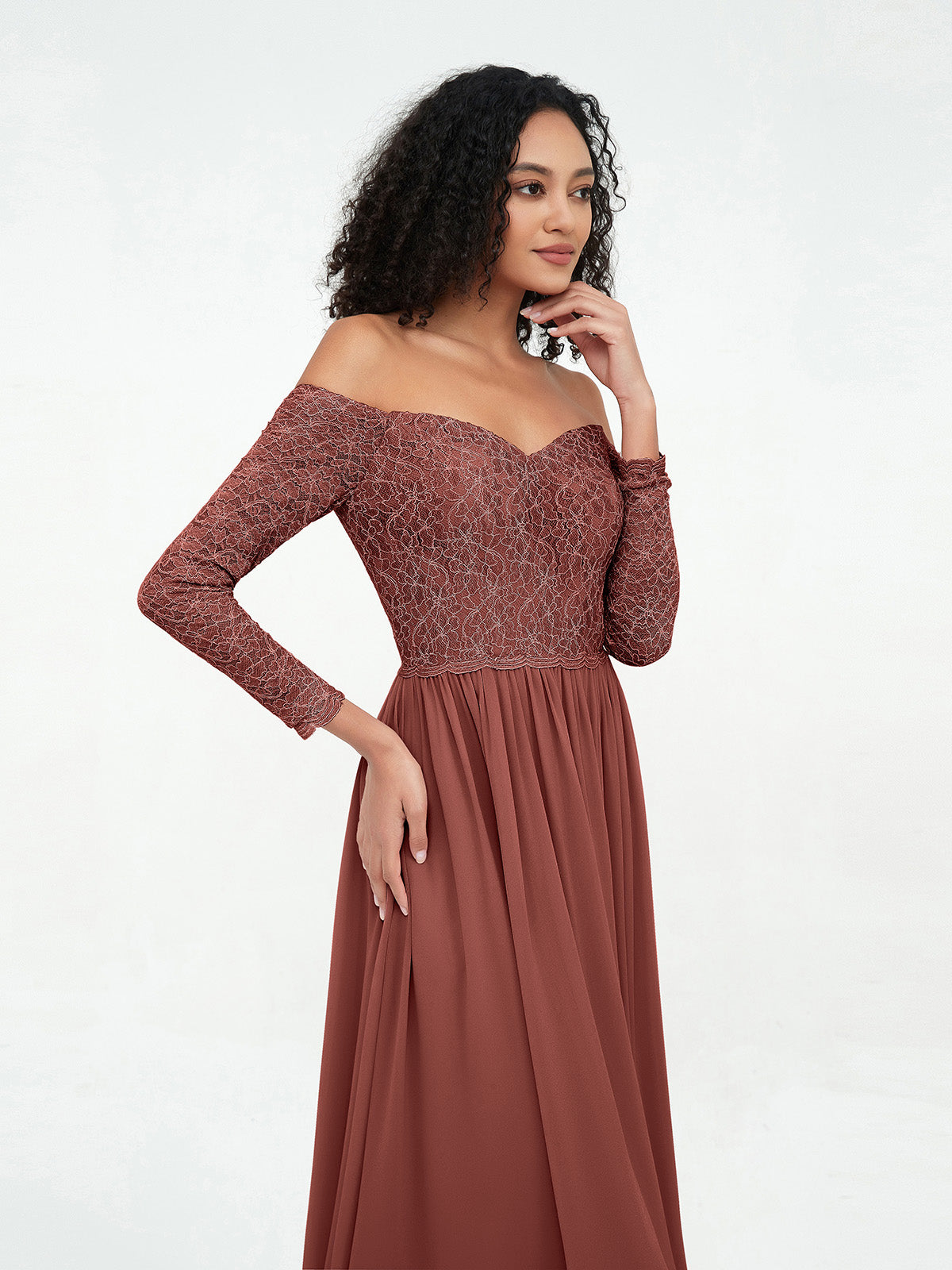 Vestidos largos de encaje con mangas largas y hombros descubiertos Terracota Tallas Grandes