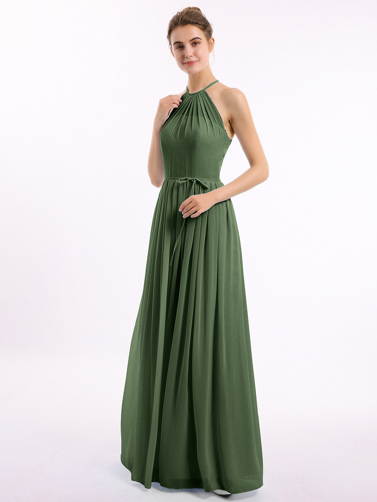 Jodie Cabestro Cuello Alto Gasa Vestido De Dama De Honor Verde Oliva Tallas Grandes