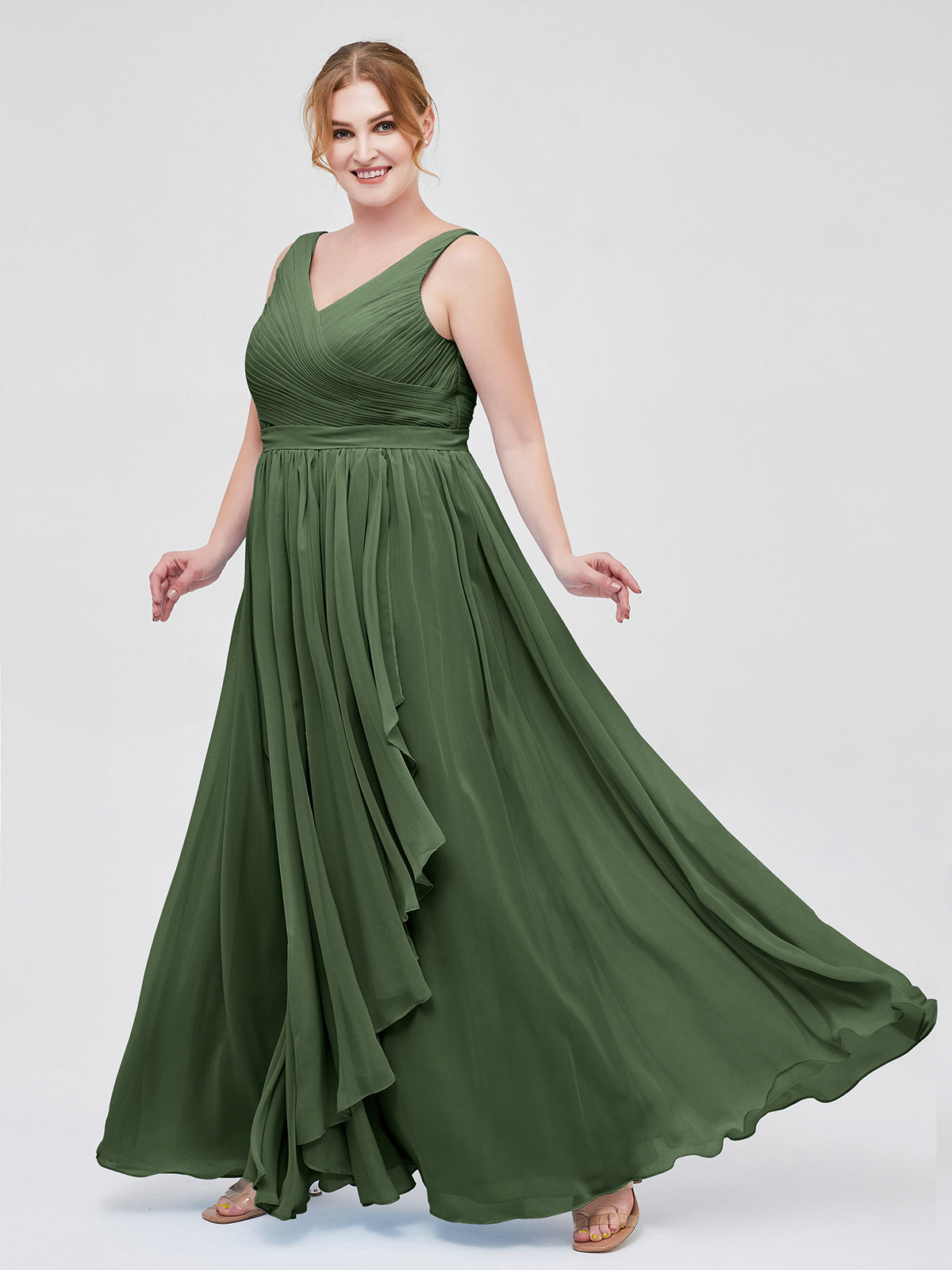 Josephine Gasa Escote En V Vestido Con Falda En Cascada Verde Oliva Tallas Grandes