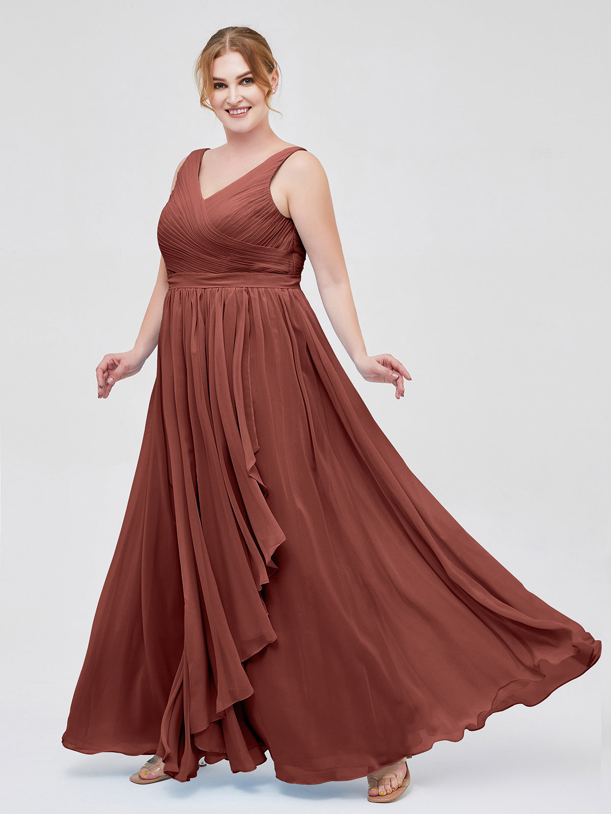 Josephine Gasa Escote En V Vestido Con Falda En Cascada Terracota Tallas Grandes