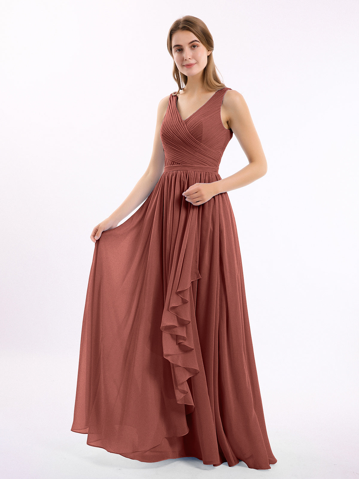 Josephine Gasa Escote En V Vestido Con Falda En Cascada Terracota