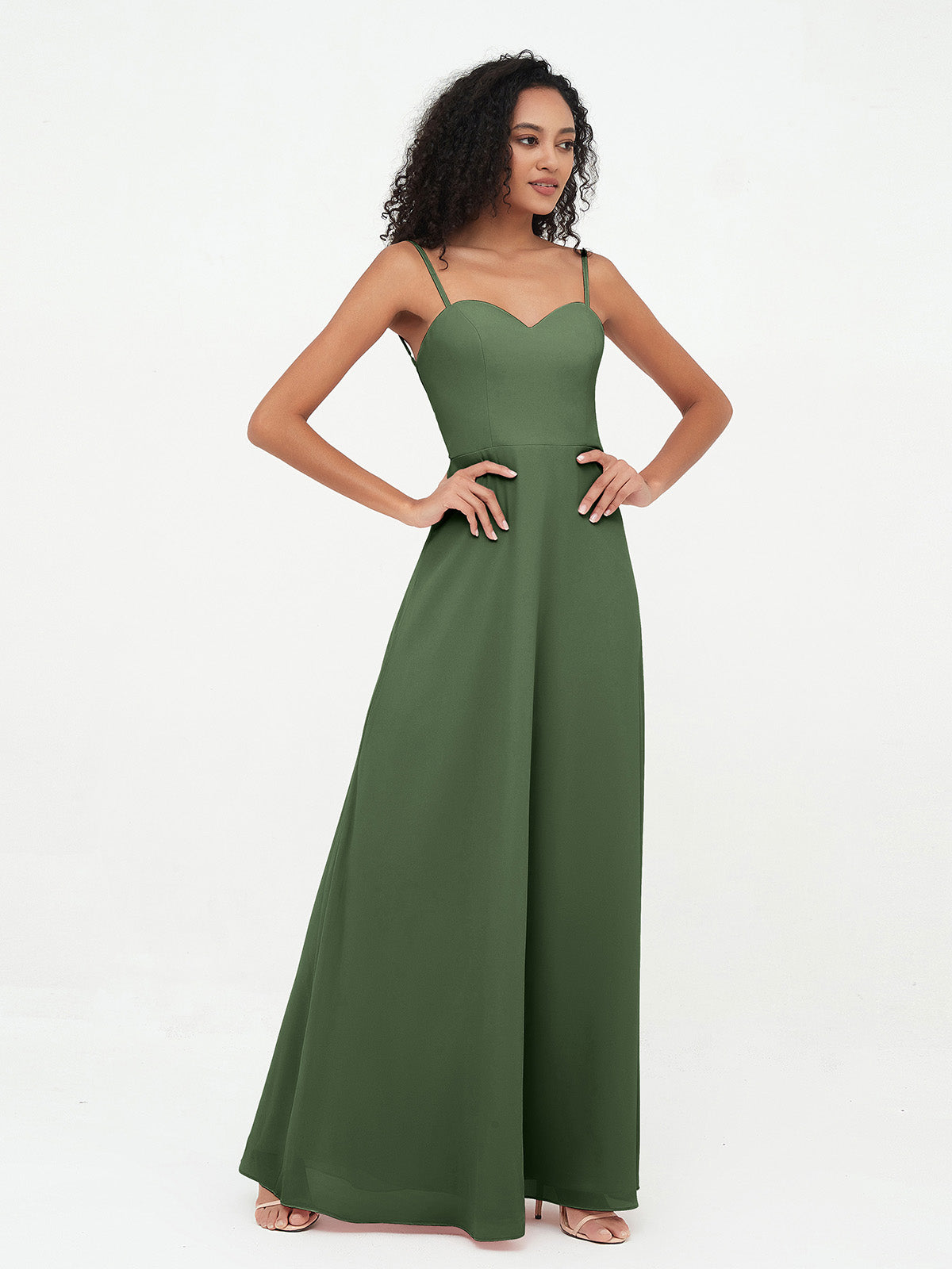 Vestidos de chiffon con tirantes spaghetti y escote en forma de corazón Verde Oliva