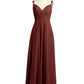 Vestidos de chiffon con escote en V y tirantes decorados con cuentas Terracota