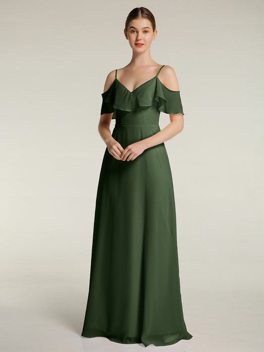 Vestidos largos de chiffon con tirantes finos y escote en V Verde Oliva