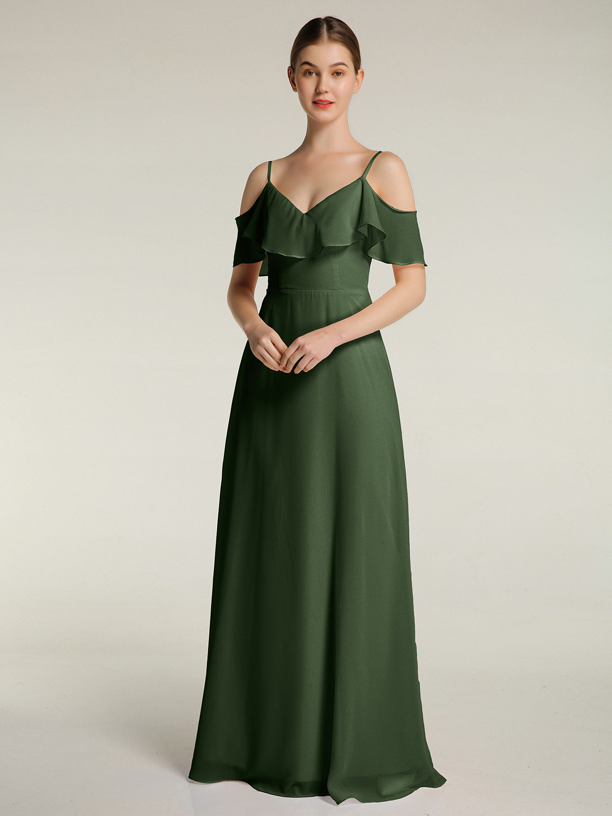Vestidos largos de chiffon con tirantes finos y escote en V Verde Oliva Tallas Grandes