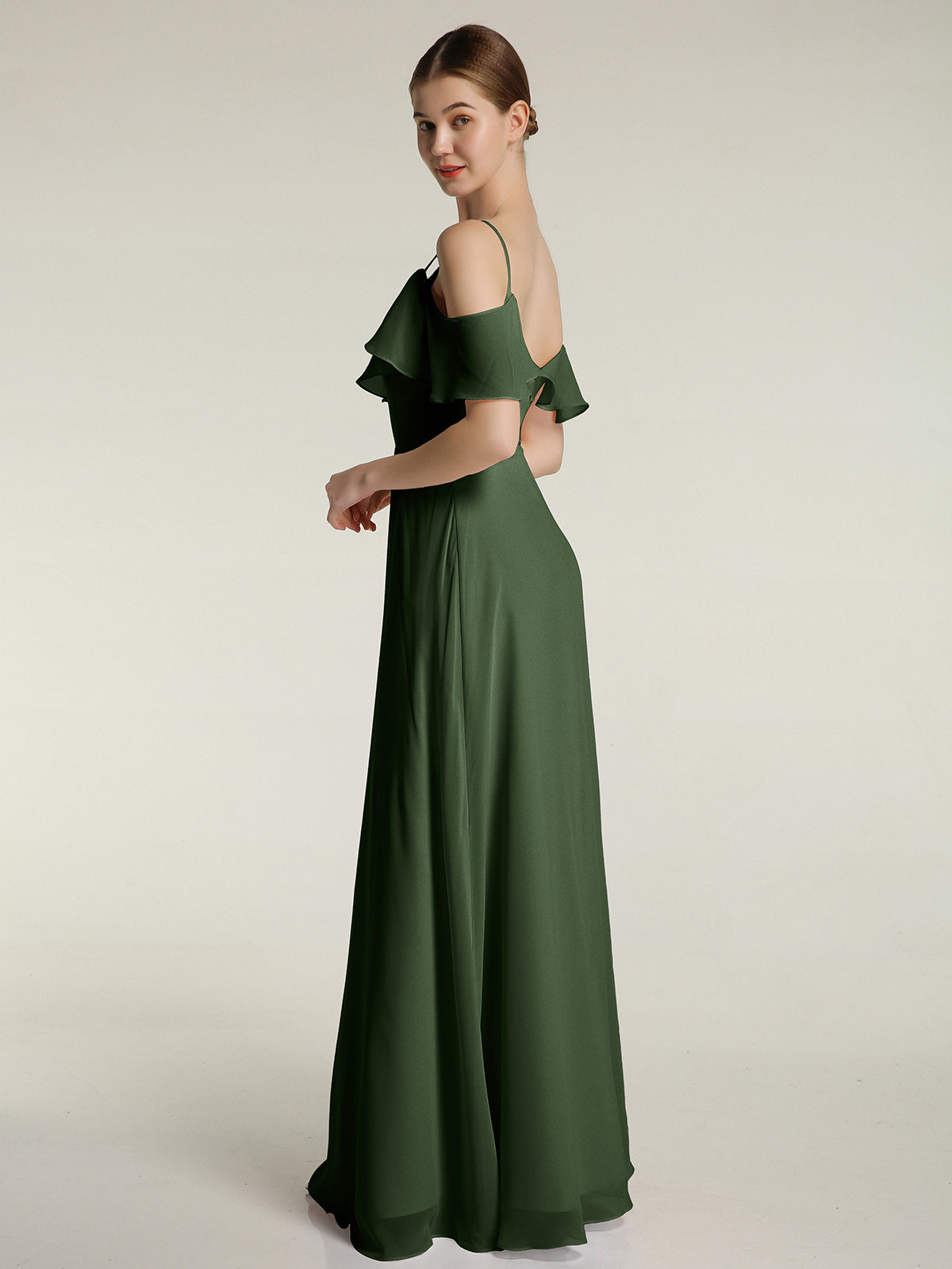 Vestidos largos de chiffon con tirantes finos y escote en V Verde Oliva Tallas Grandes