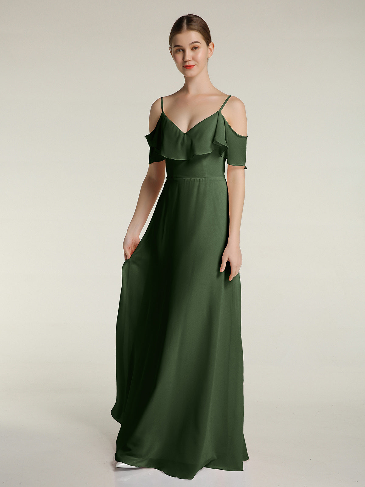 Vestidos largos de chiffon con tirantes finos y escote en V Verde Oliva Tallas Grandes