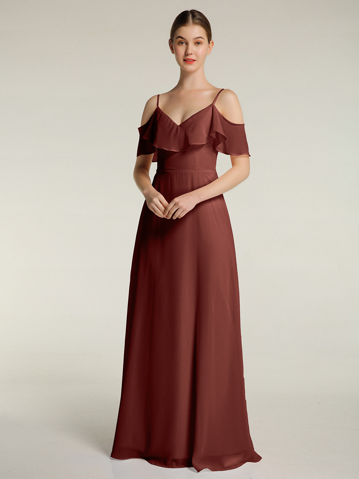 Vestidos largos de chiffon con tirantes finos y escote en V Terracota Tallas Grandes