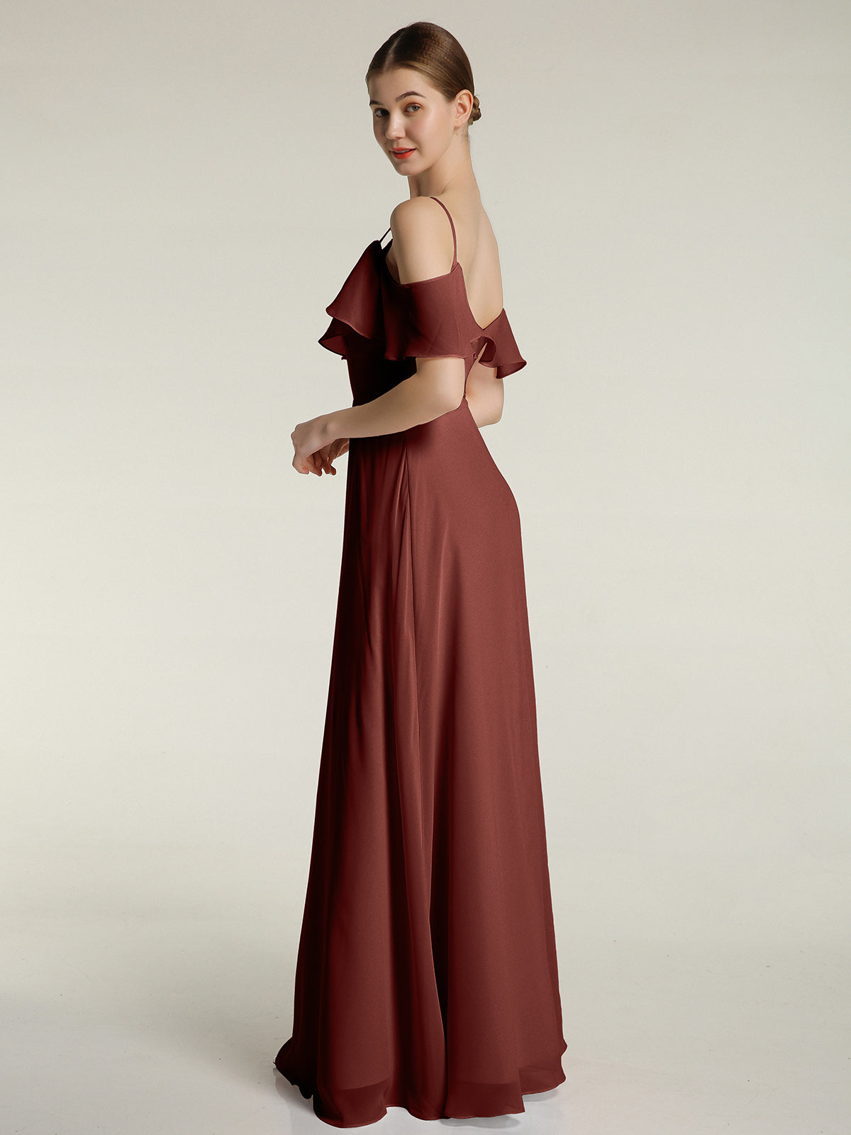 Vestidos largos de chiffon con tirantes finos y escote en V Terracota Tallas Grandes