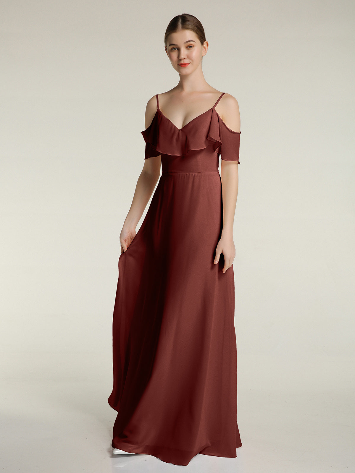 Vestidos largos de chiffon con tirantes finos y escote en V Terracota