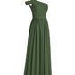 Juliet Un Hombro Corte De Dama De Honor Con Faja Verde Oliva Tallas Grandes
