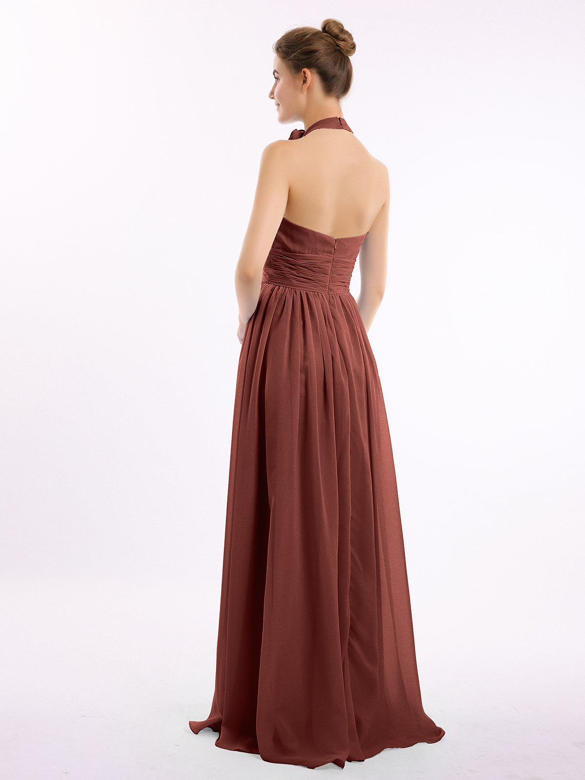 Vestido largo de chiffon estilo halter con flores Terracota
