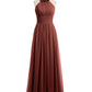 Vestido largo de chiffon estilo halter con flores Terracota