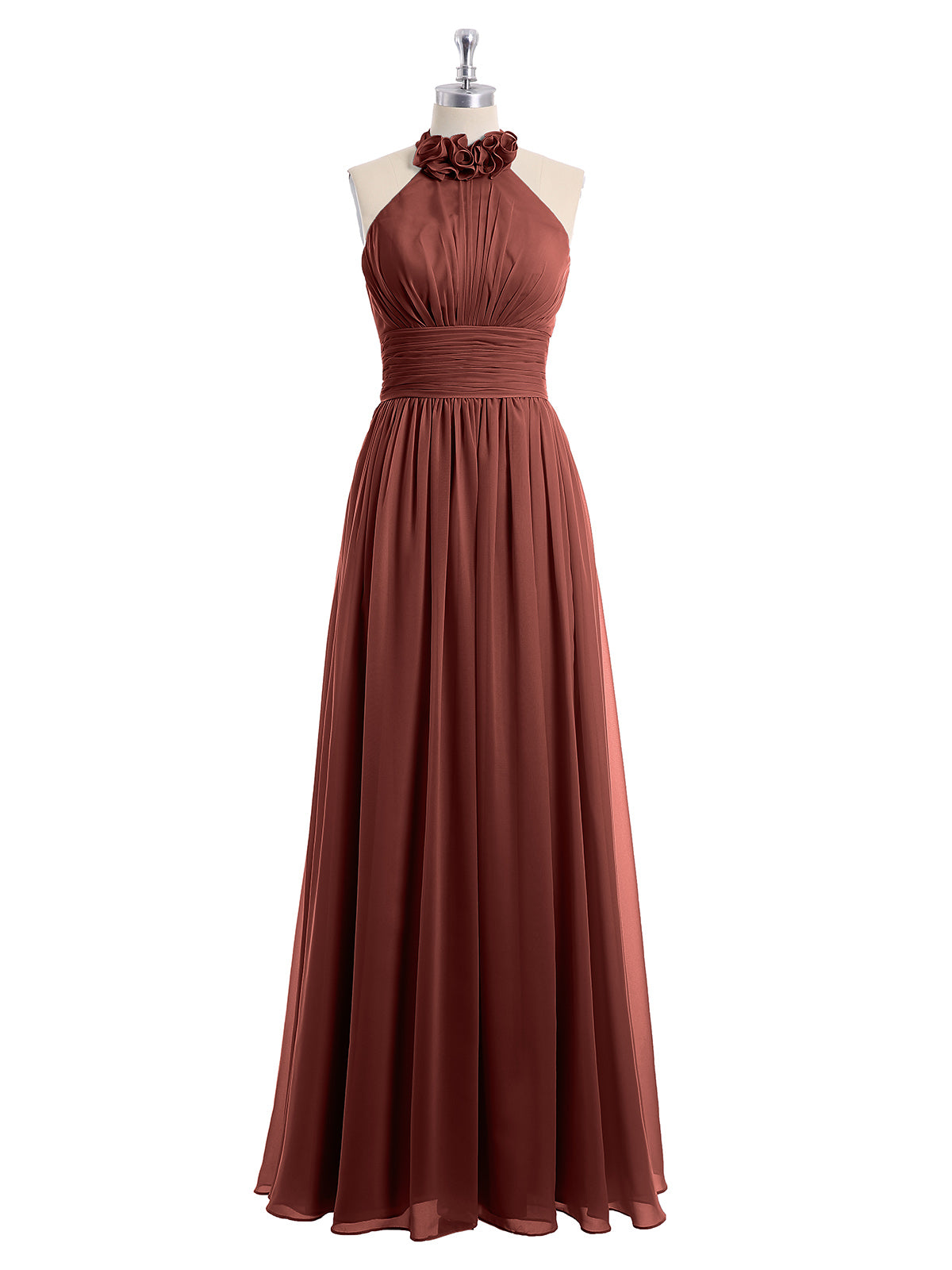 Vestido largo de chiffon estilo halter con flores Terracota Tallas Grandes