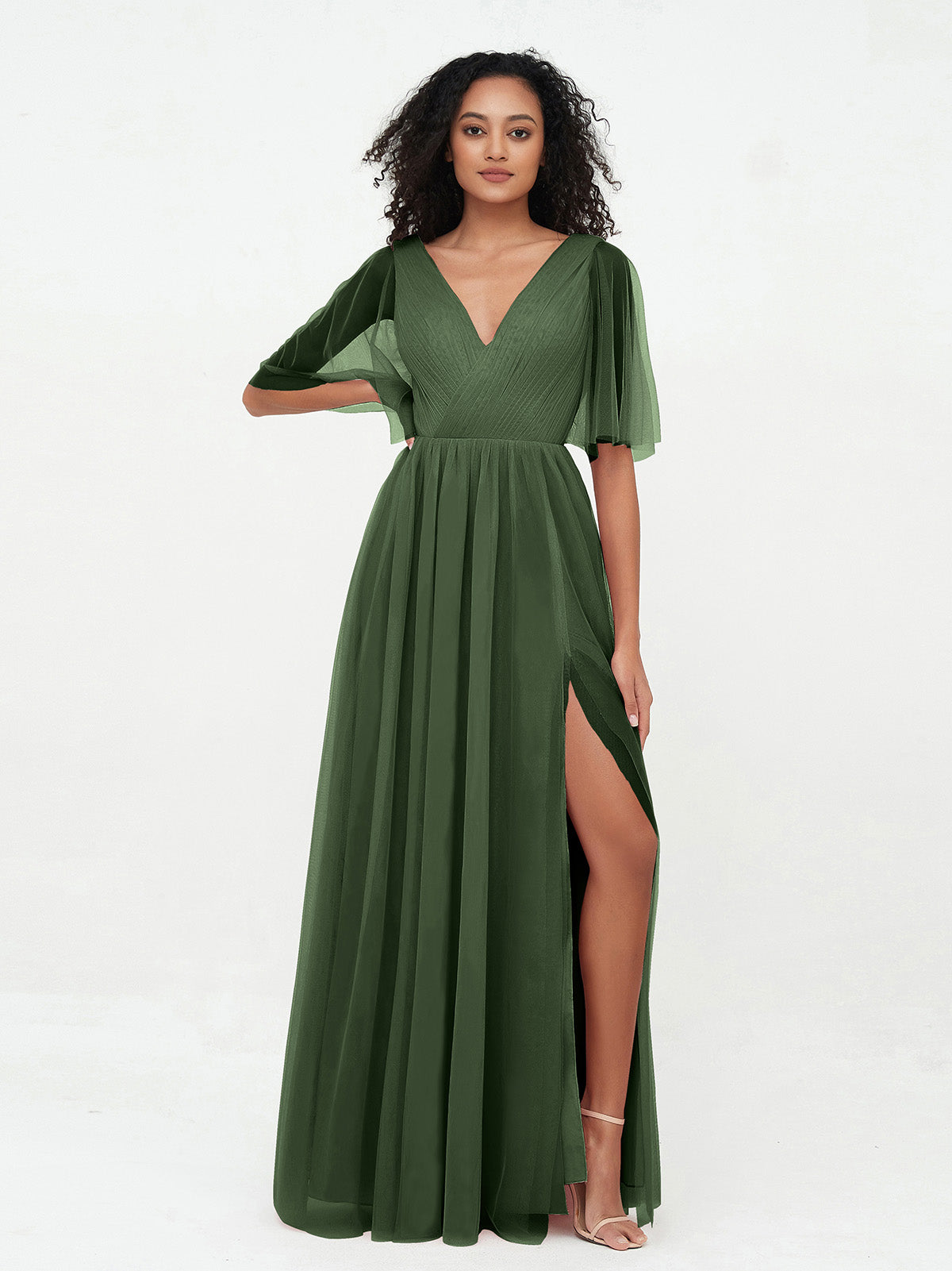 Vestidos máximos de tul estilo A-line con escote en V profundo en la espalda Verde Oliva Tallas Grandes
