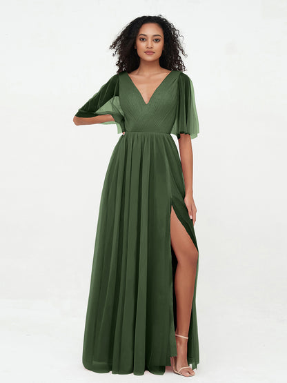 Vestidos máximos de tul estilo A-line con escote en V profundo en la espalda Verde Oliva Tallas Grandes