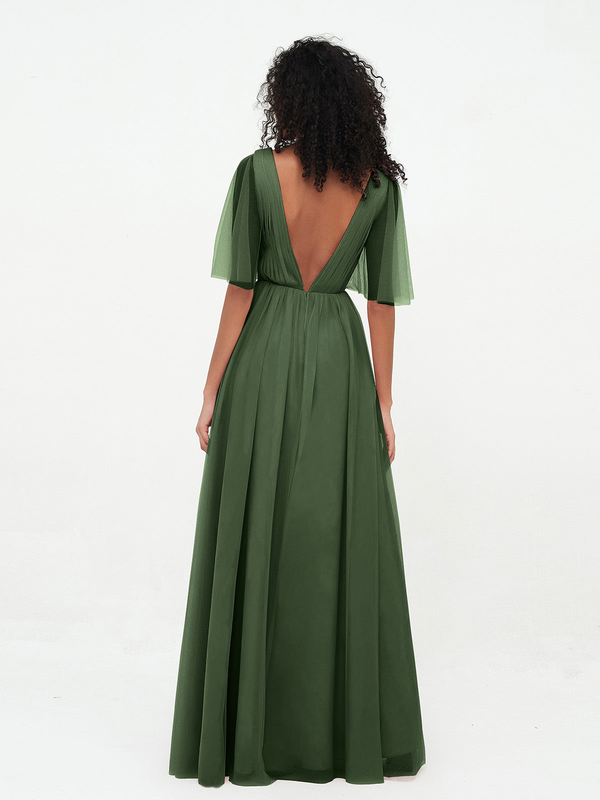 Vestidos máximos de tul estilo A-line con escote en V profundo en la espalda Verde Oliva Tallas Grandes