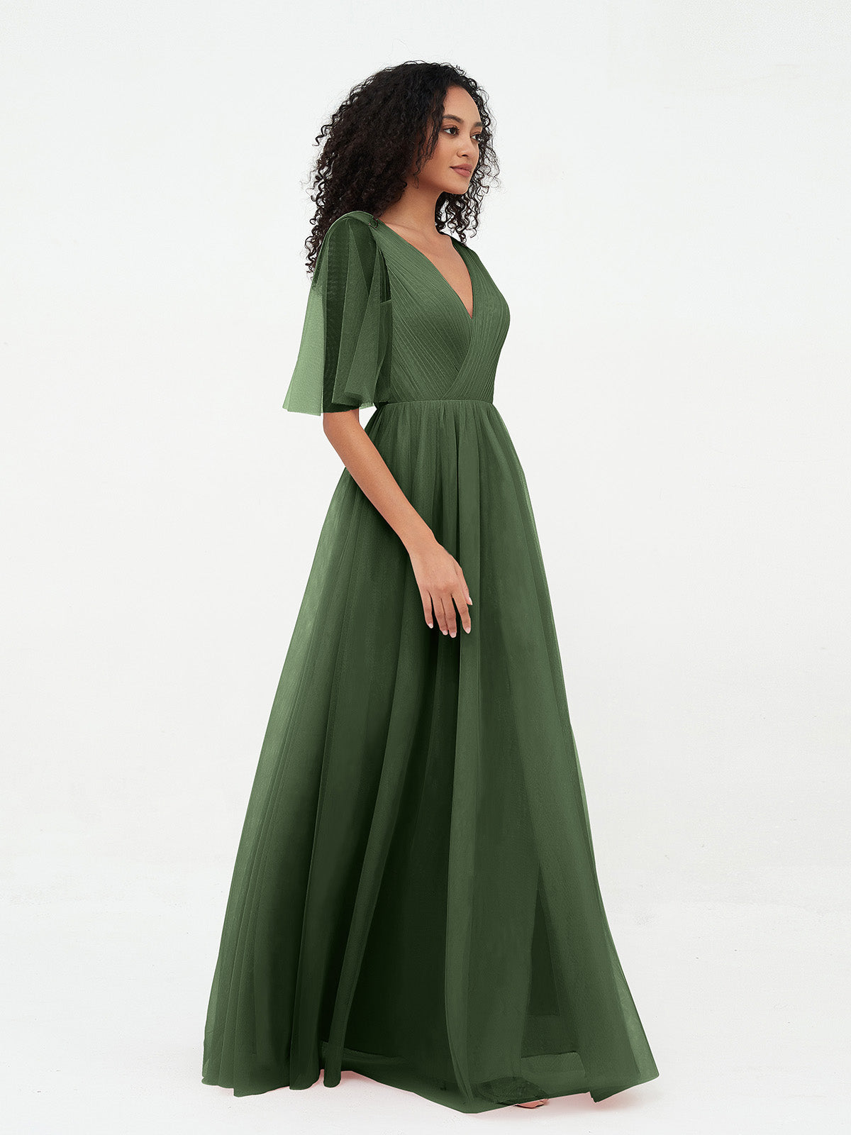 Vestidos máximos de tul estilo A-line con escote en V profundo en la espalda Verde Oliva Tallas Grandes