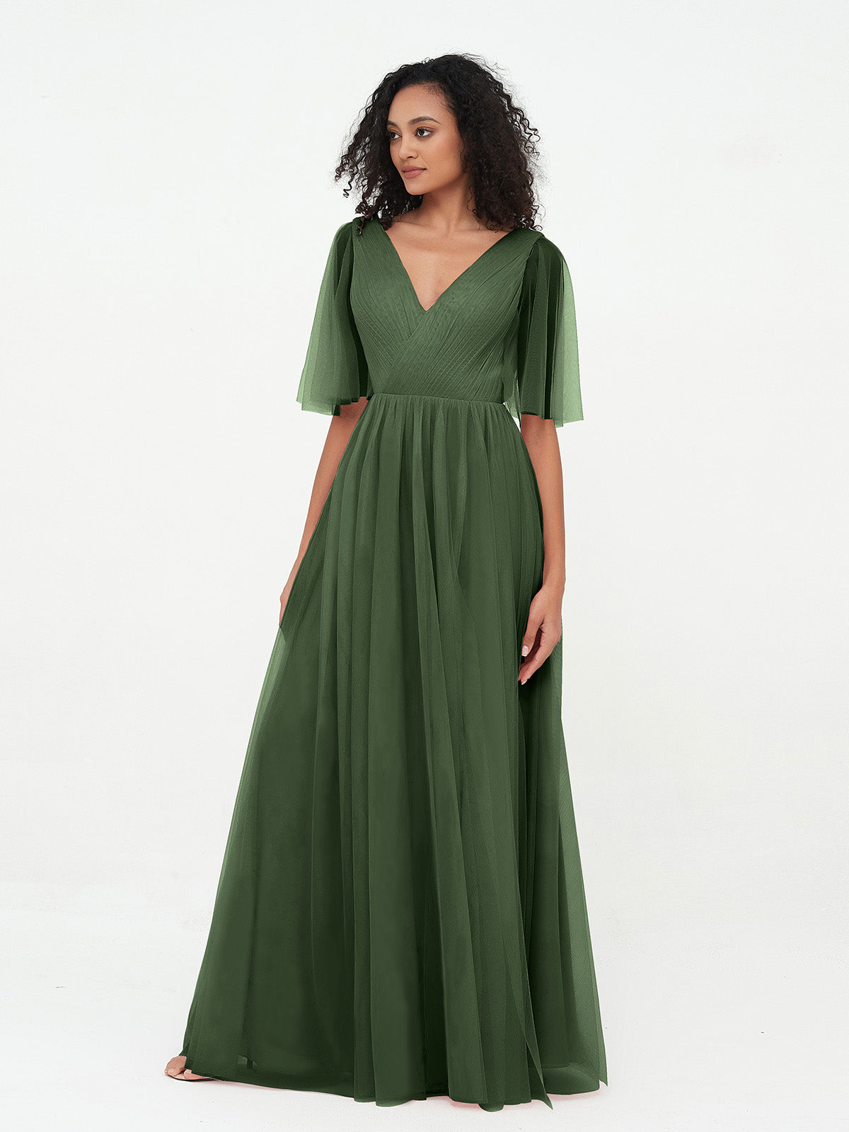 Vestidos máximos de tul estilo A-line con escote en V profundo en la espalda Verde Oliva Tallas Grandes