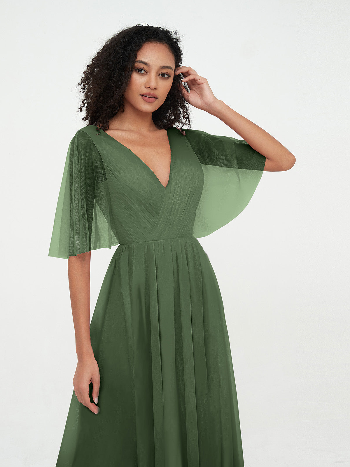 Vestidos máximos de tul estilo A-line con escote en V profundo en la espalda Verde Oliva Tallas Grandes