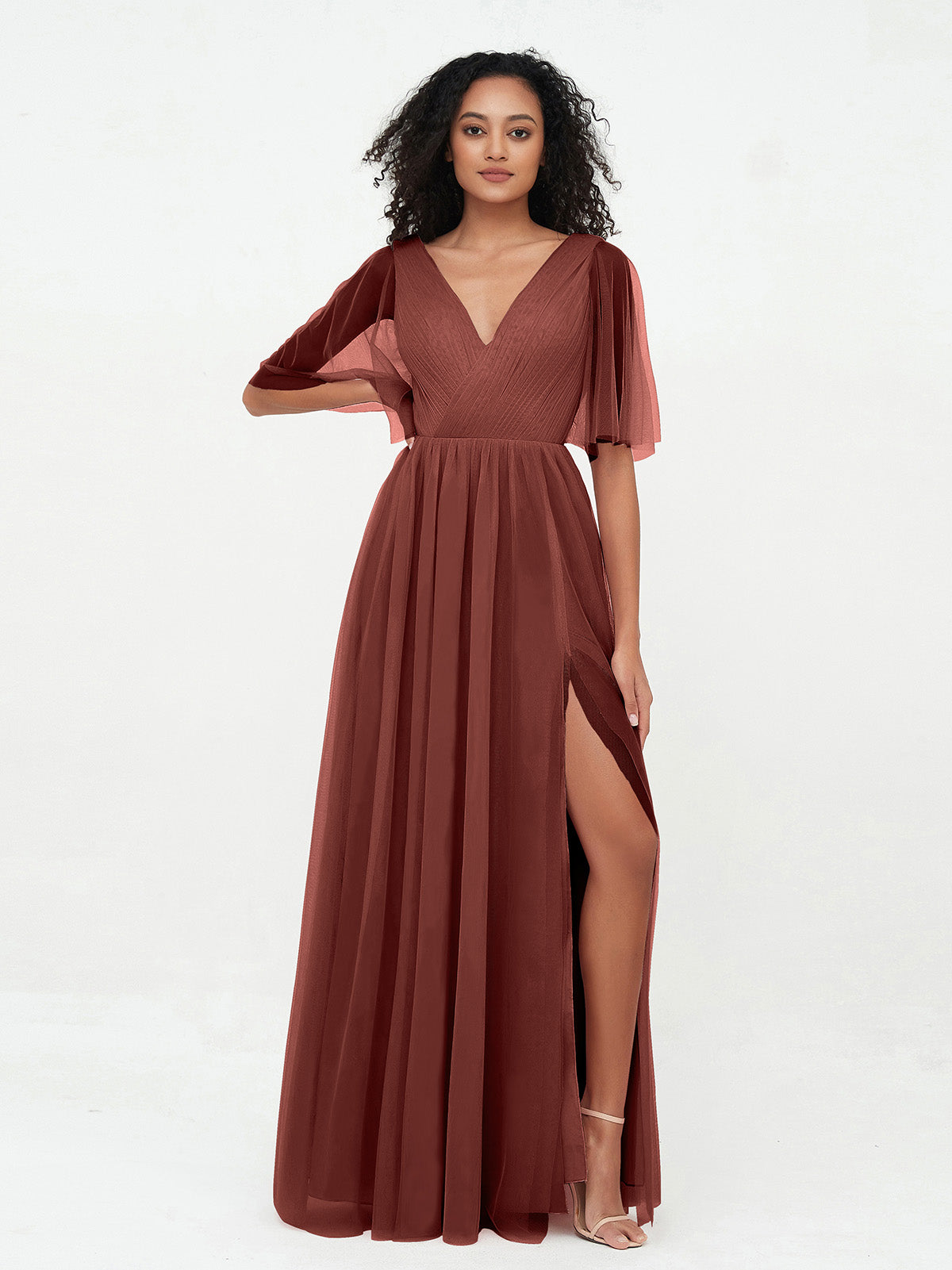 Vestidos máximos de tul estilo A-line con escote en V profundo en la espalda Terracota Tallas Grandes