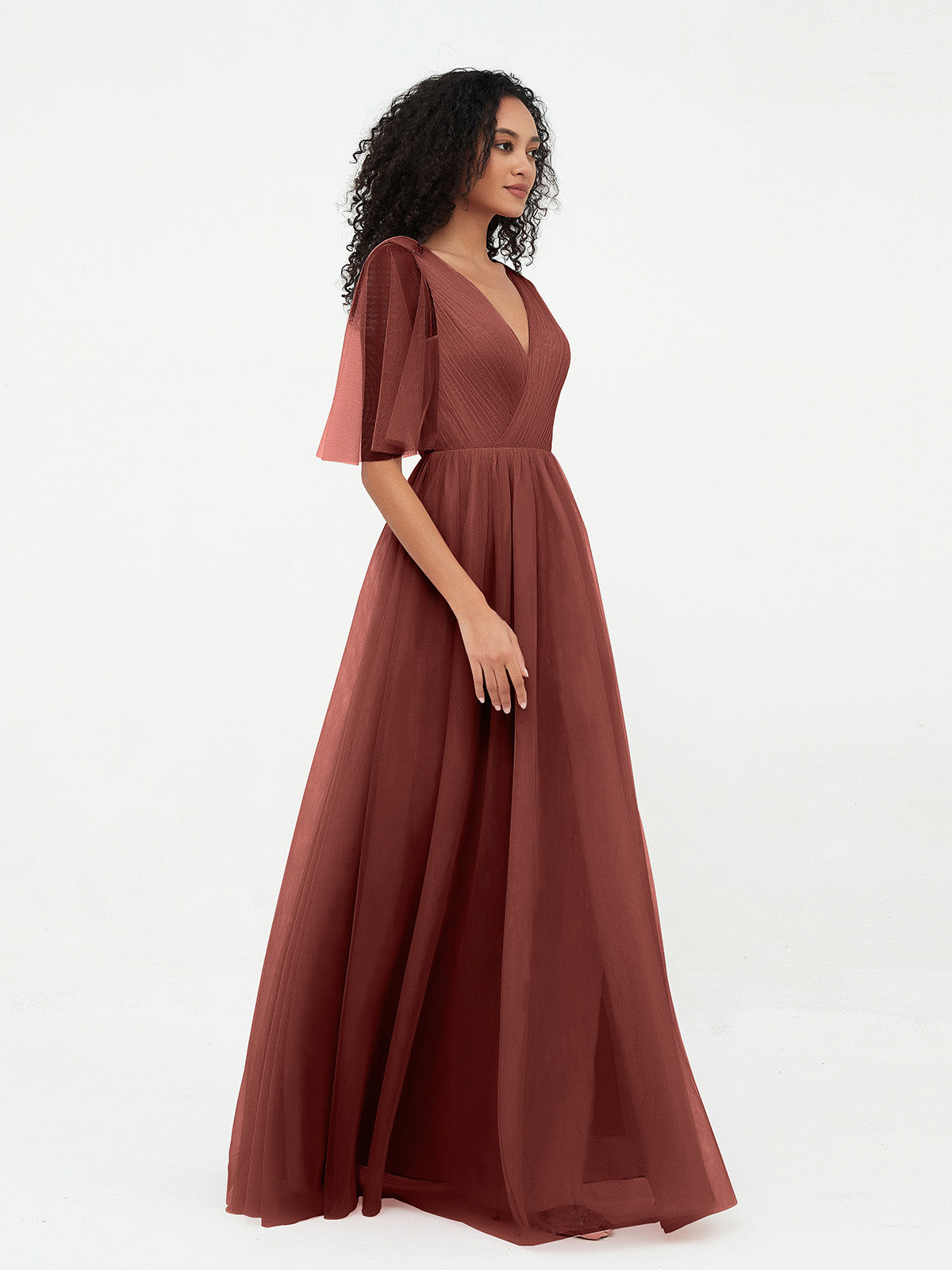 Vestidos máximos de tul estilo A-line con escote en V profundo en la espalda Terracota Tallas Grandes