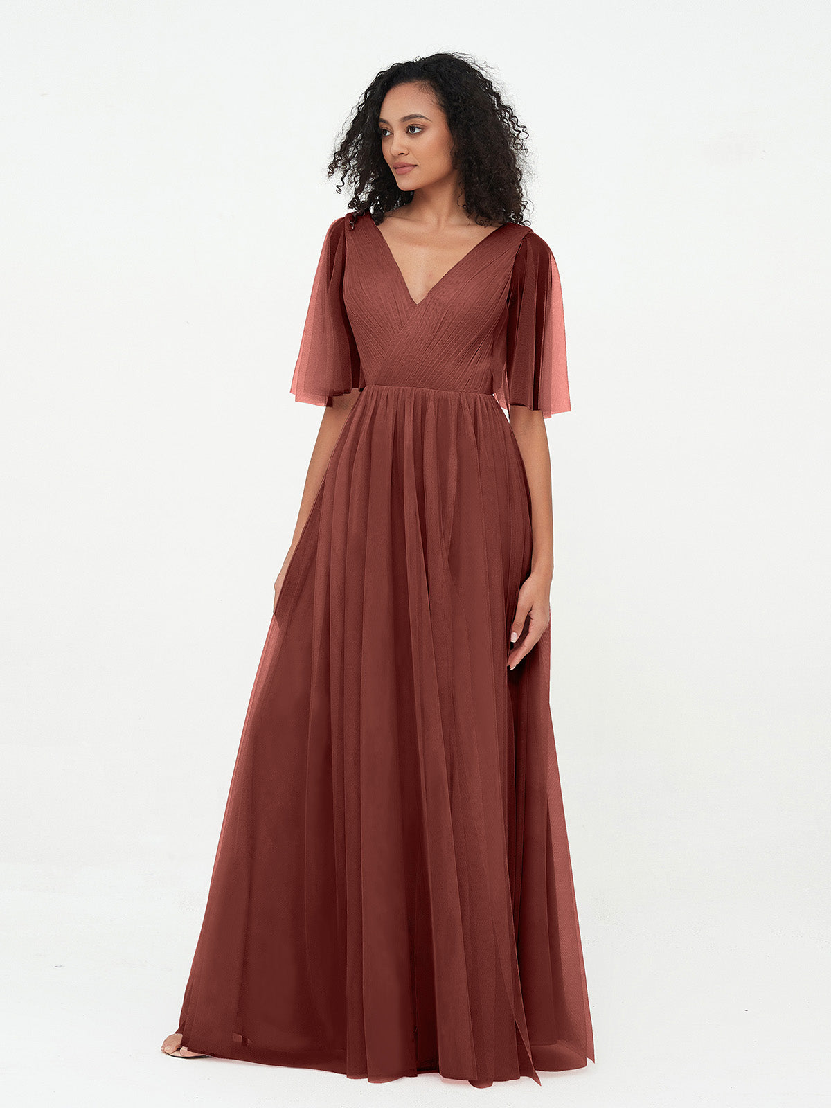 Vestidos máximos de tul estilo A-line con escote en V profundo en la espalda Terracota Tallas Grandes