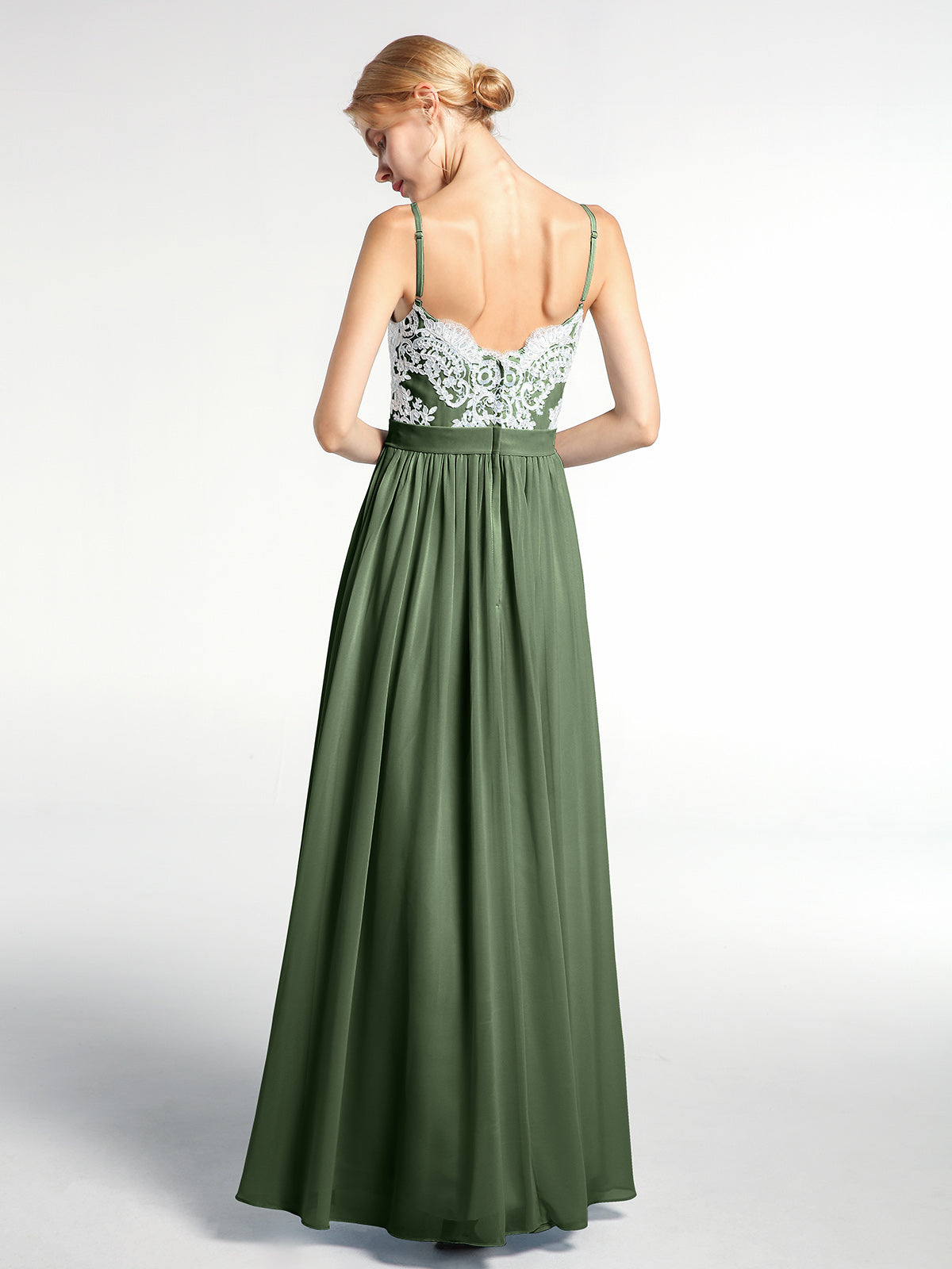 Vestido de chiffon con tirantes finos y abertura frontal con encaje marfil Verde Oliva Tallas Grandes