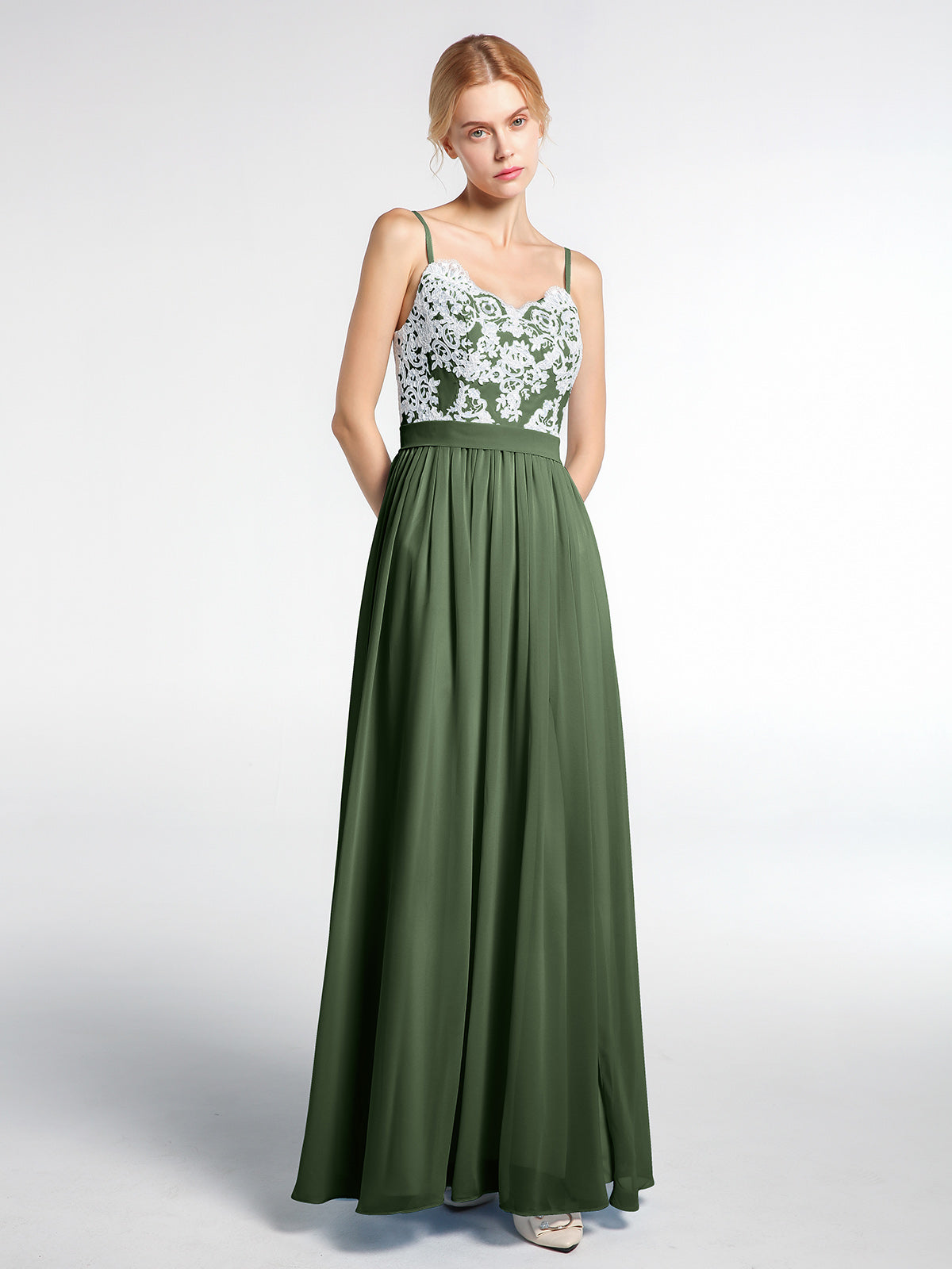 Vestido de chiffon con tirantes finos y abertura frontal con encaje marfil Verde Oliva Tallas Grandes