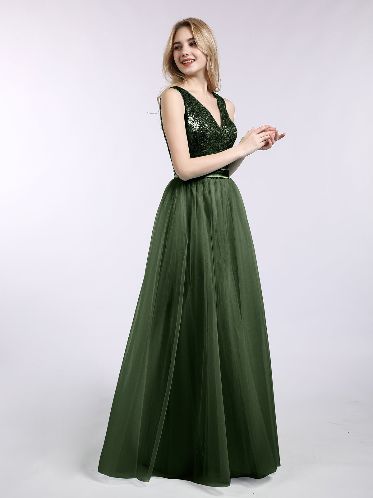 Kelly Lentejuelas Y Tul Largo Vestido Con Escote En V Verde Oliva Tallas Grandes