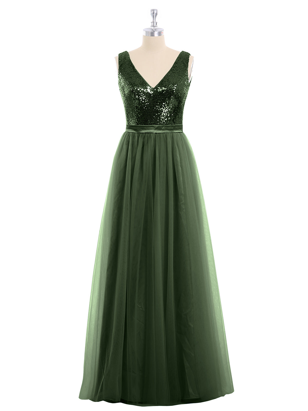 Kelly Lentejuelas Y Tul Largo Vestido Con Escote En V Verde Oliva Tallas Grandes