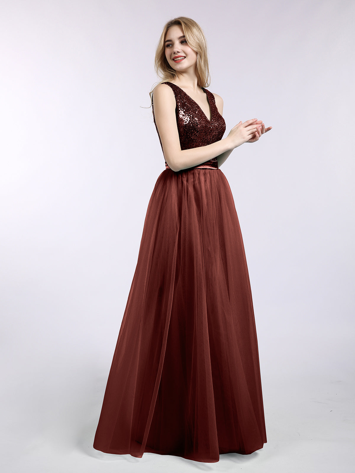 Kelly Lentejuelas Y Tul Largo Vestido Con Escote En V Terracota Tallas Grandes