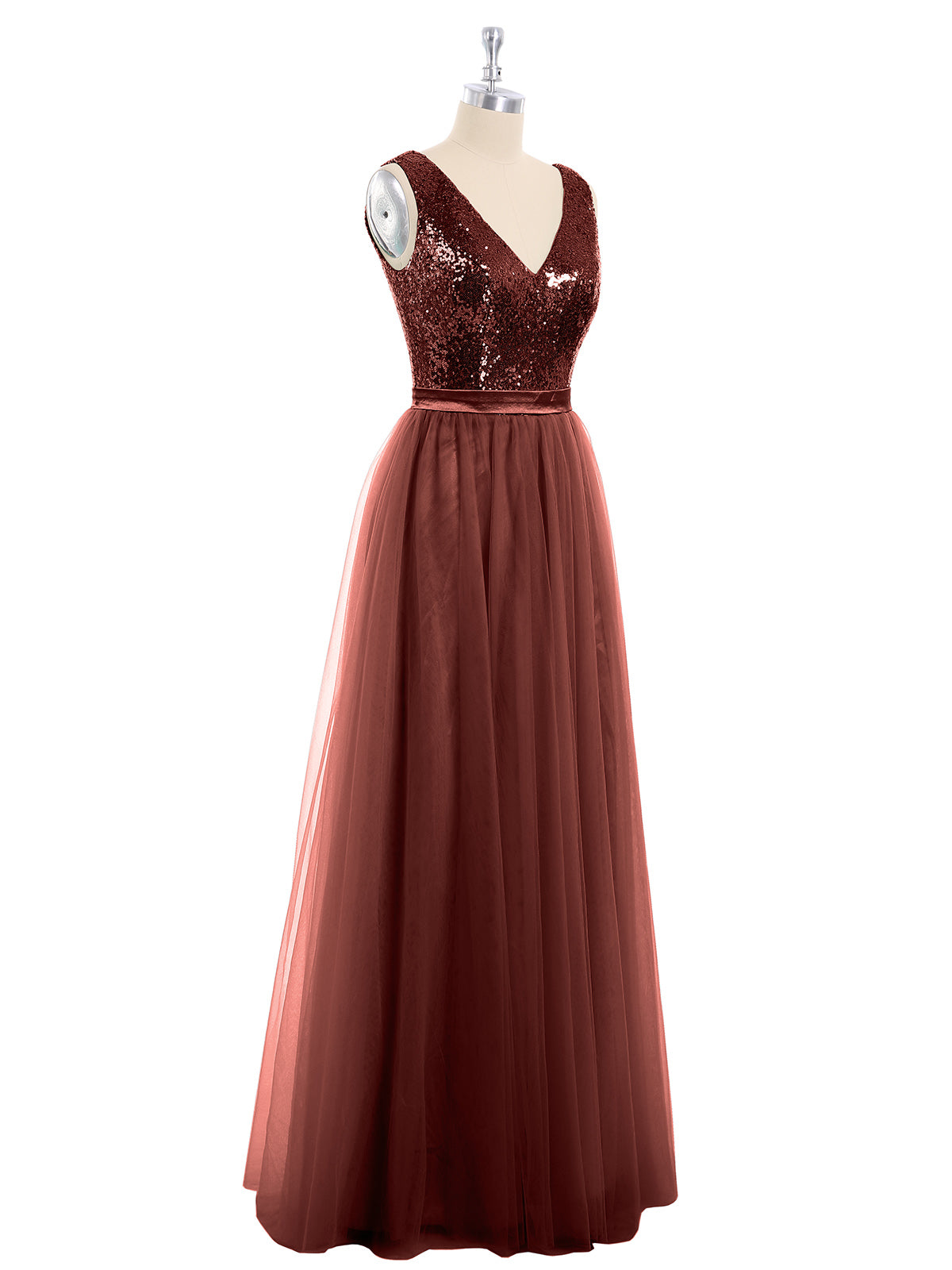 Kelly Lentejuelas Y Tul Largo Vestido Con Escote En V Terracota Tallas Grandes