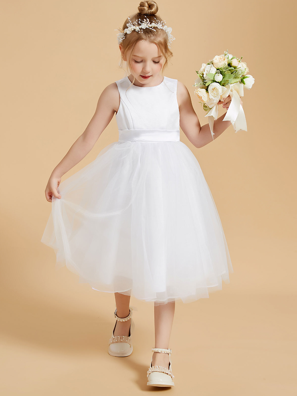 Vestido De Niña De Las Flores A La Altura De La Rodilla En Satén Y Tul Con Cuello Redondo