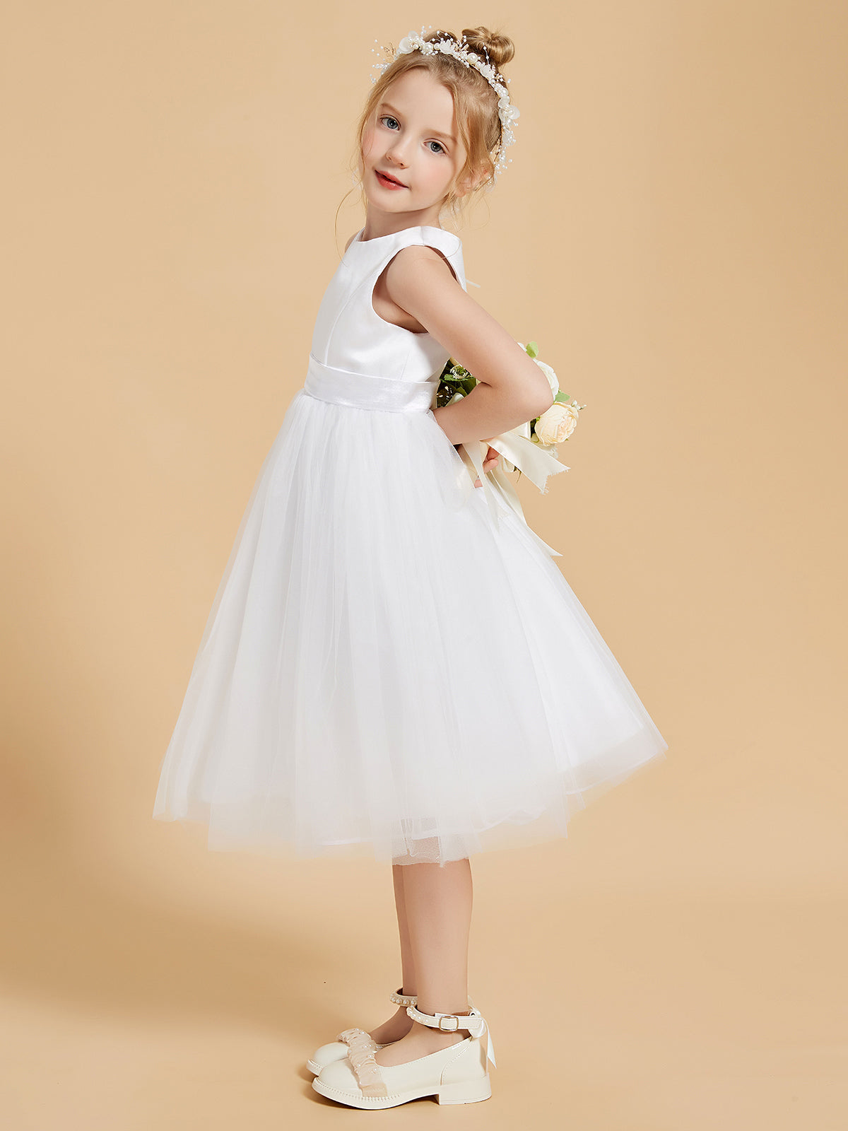 Vestido De Niña De Las Flores A La Altura De La Rodilla En Satén Y Tul Con Cuello Redondo