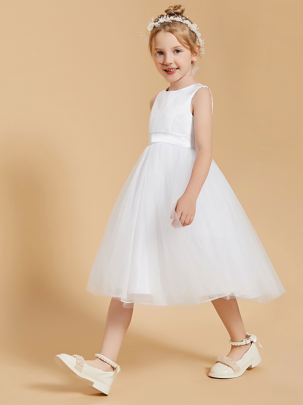 Vestido De Niña De Las Flores A La Altura De La Rodilla En Satén Y Tul Con Cuello Redondo