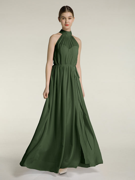 Vestidos de chiffon de cuello alto con abertura y lazo de cinturón Verde Oliva