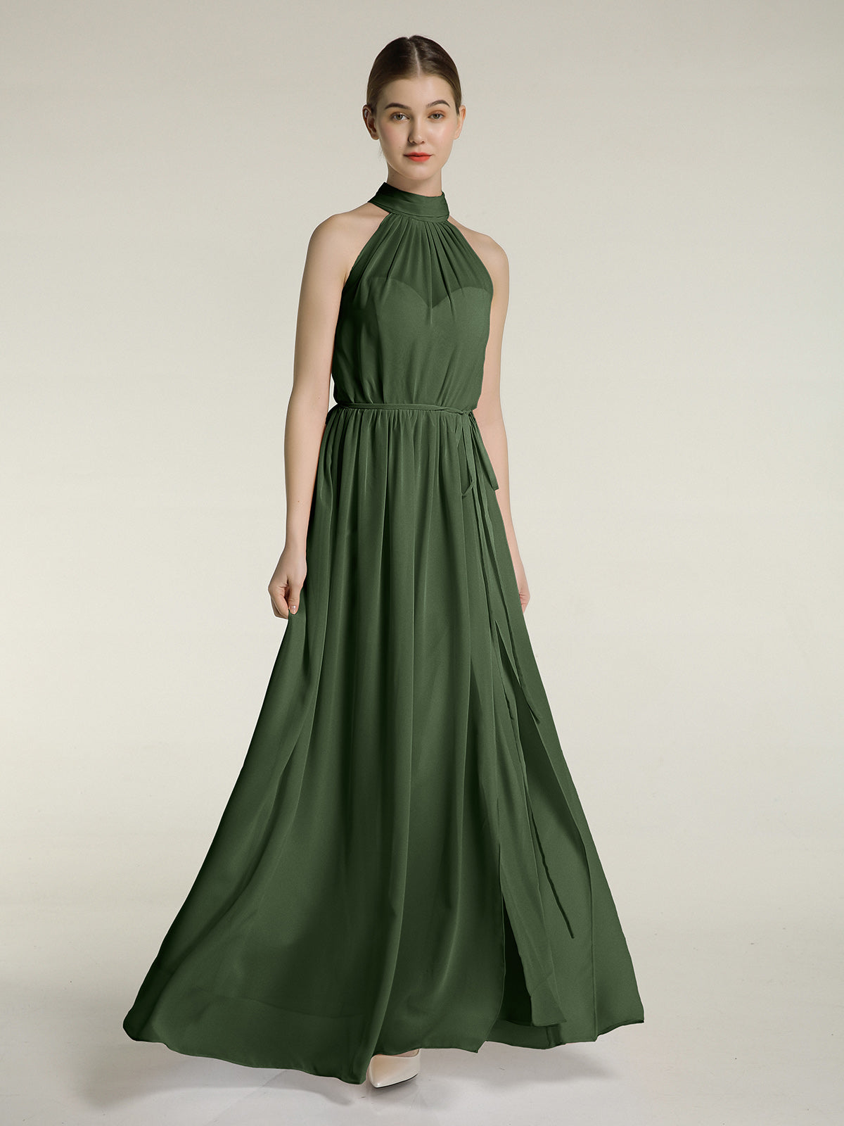 Vestidos de chiffon de cuello alto con abertura y lazo de cinturón Verde Oliva Tallas Grandes