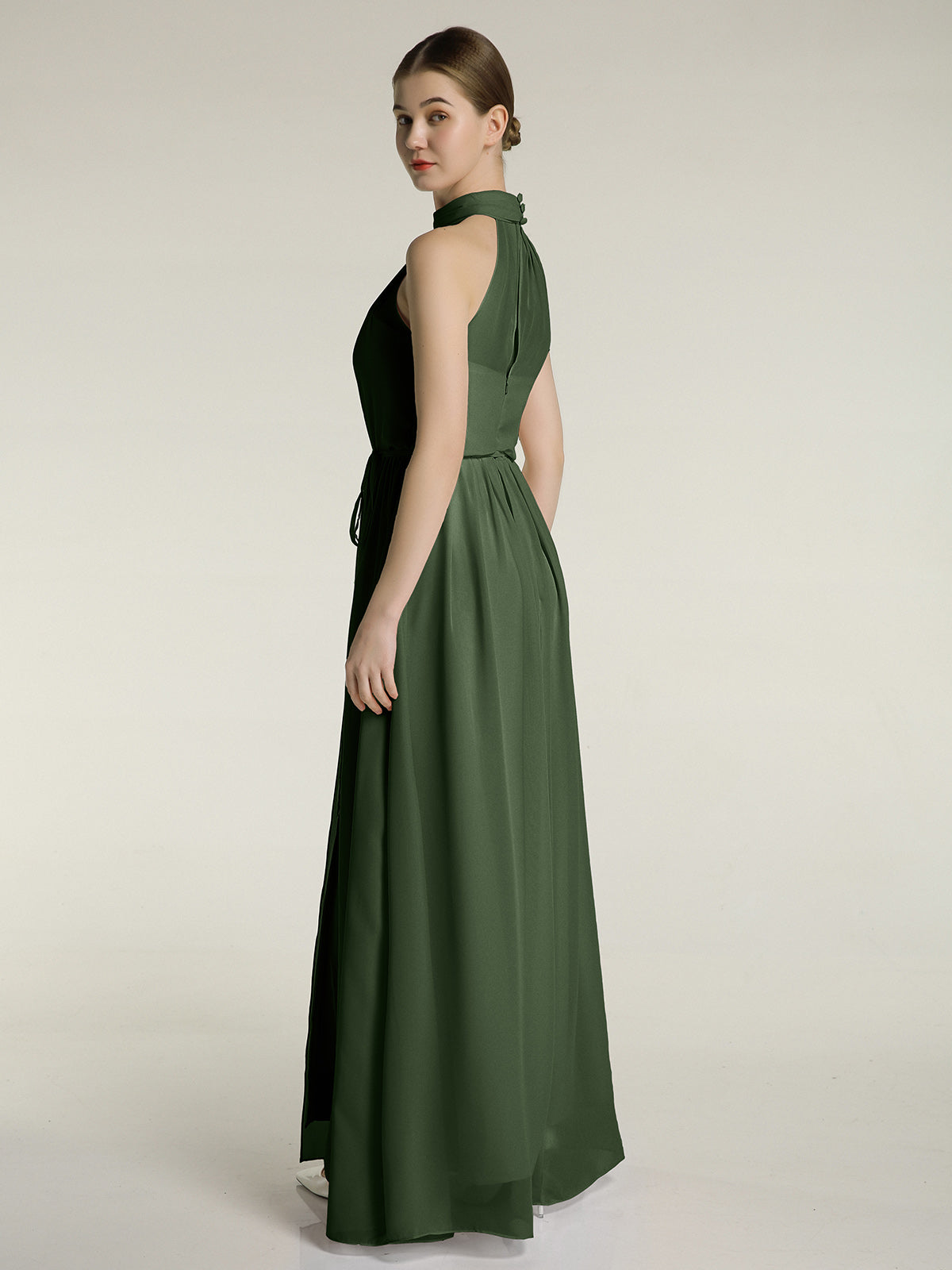 Vestidos de chiffon de cuello alto con abertura y lazo de cinturón Verde Oliva Tallas Grandes